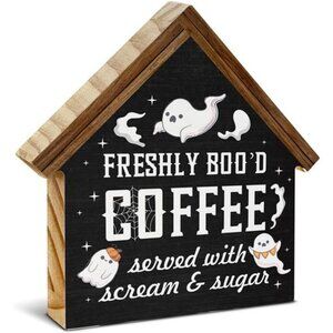 Halloween Coffee Bar Decor, Office Desk Coffee House Shaped Wood Block Sign,